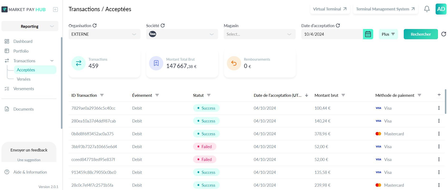 Dashboard AWAKS PAY - Market Pay Hub